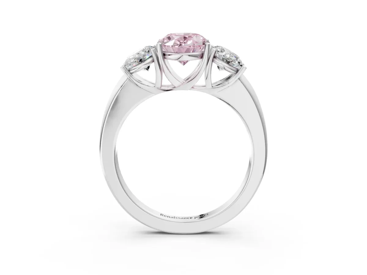 Fancy Pink Oval Cut Diamond Three-Stone Ring with Four-Prong Setting and Classic Band White gold