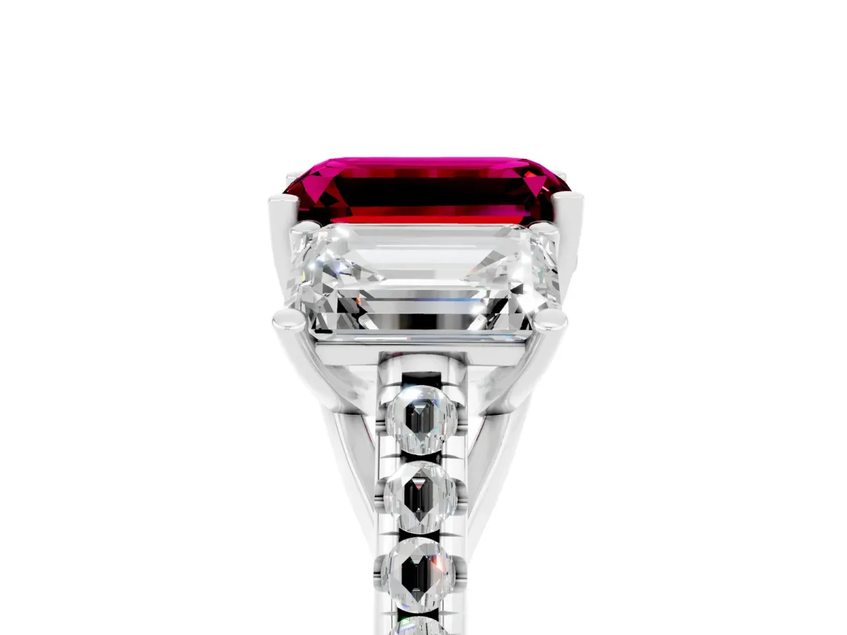 Three-Stone Emerald Cut Garnet Ring with Round Pavé Band and Prong Setting Platinum