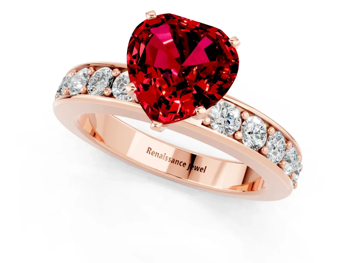 Heart Cut Ruby Engagement Ring with Channel Set Round Band and Prong Setting Rose gold
