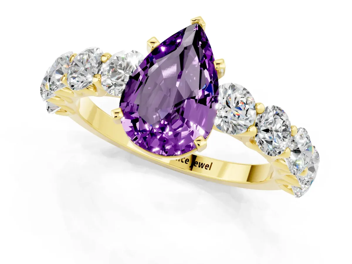 Pear Cut Amethyst Prong Setting with Side Stones on a Pave Band Yellow gold