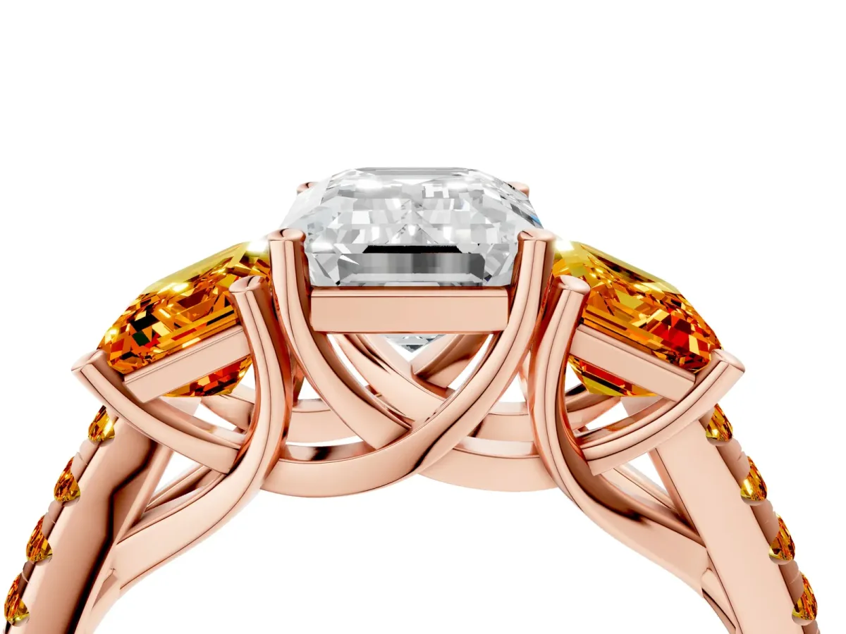 Three-Stone Emerald Cut Diamond Ring with Round Citrine Pavé Band and Prong Setting Rose gold