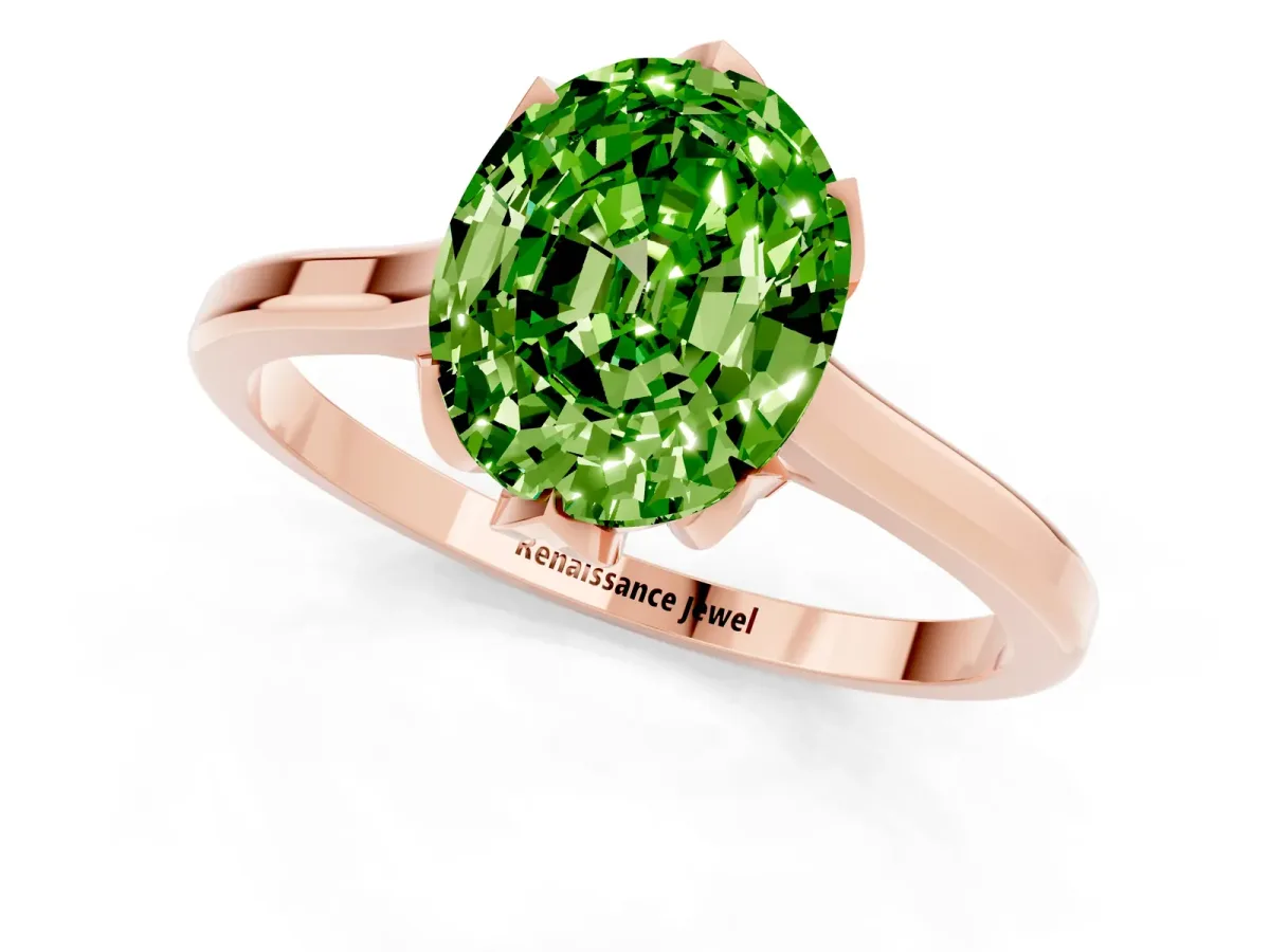 Oval Cut Peridot Solitaire Ring with Flower Prong Setting and Classic Band Rose gold