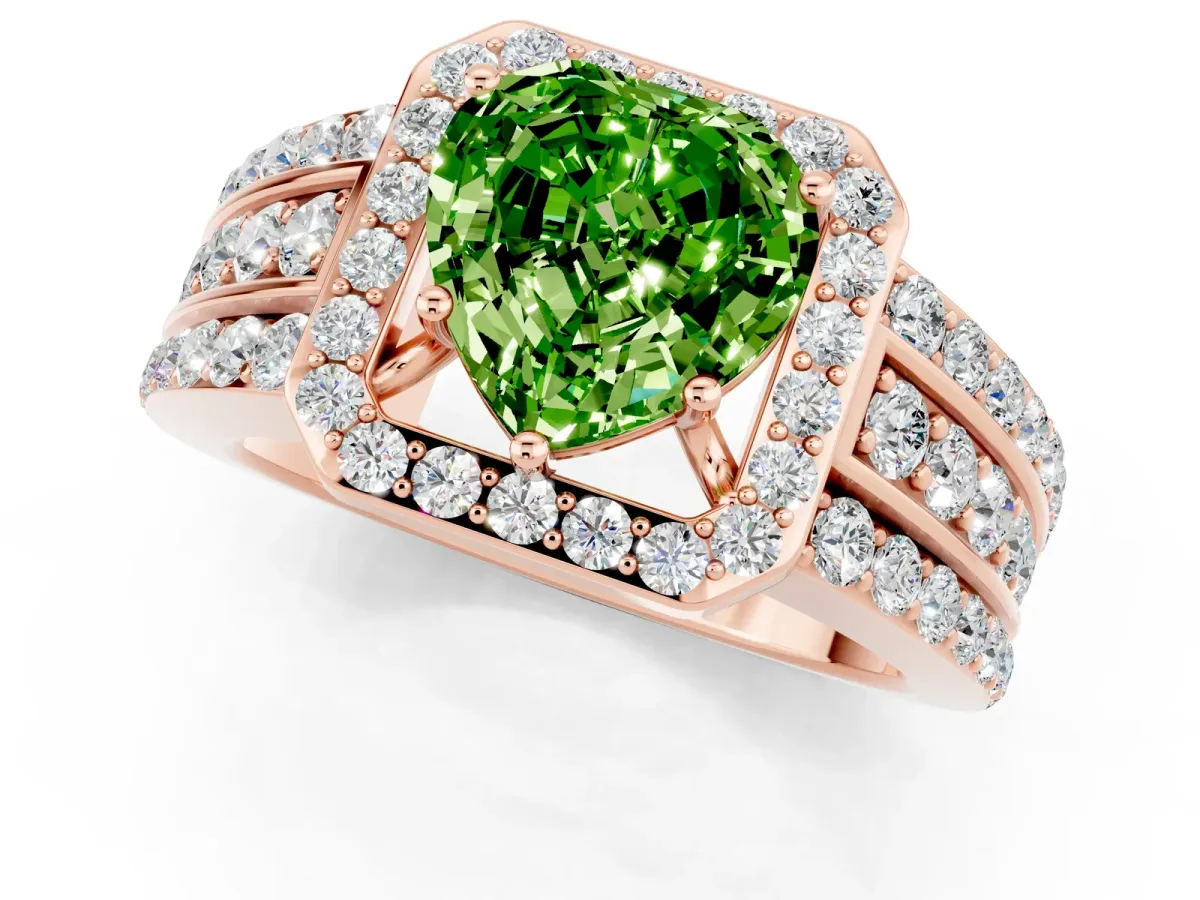Heart Cut Halo Peridot Ring with Round Split Shank and Prong Setting Rose gold