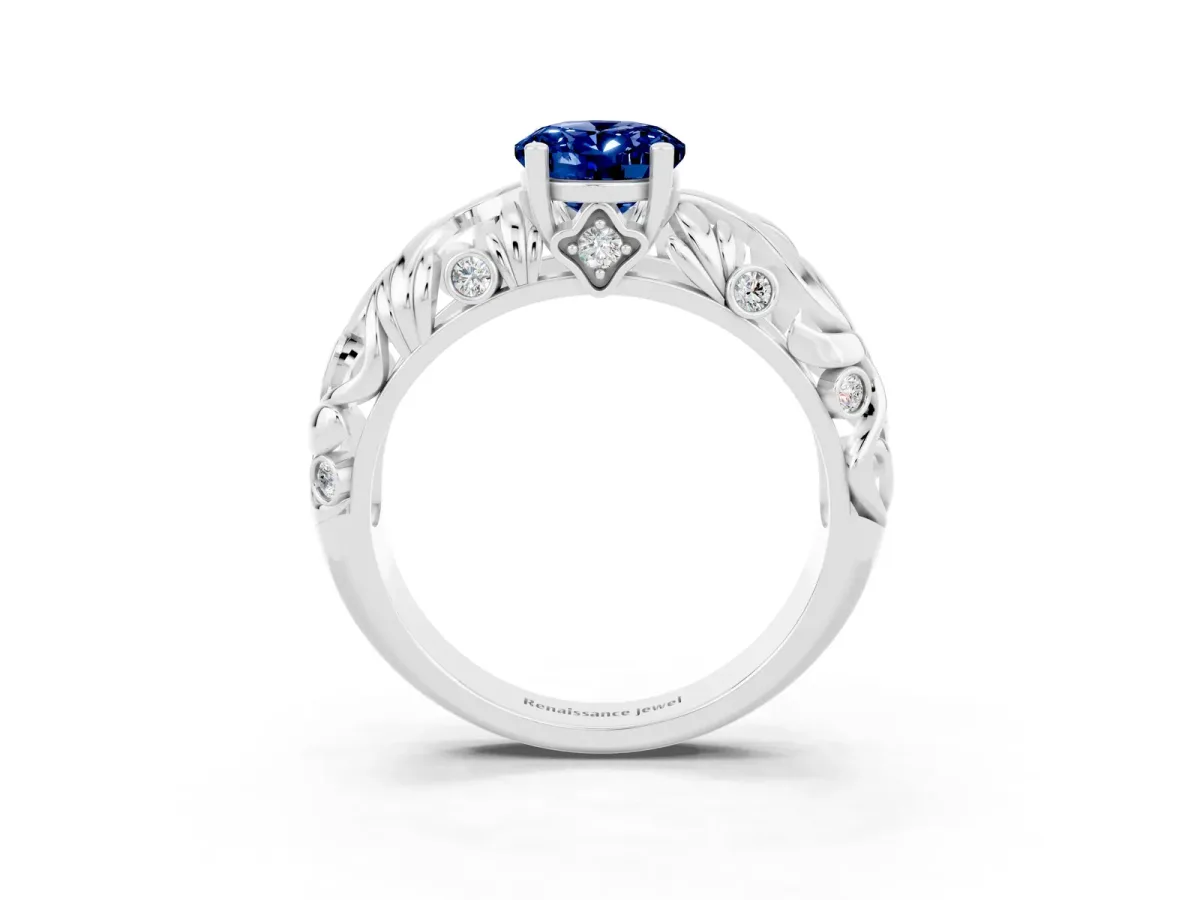 Oval Cut Solitaire Blue Sapphire Leaf-Inspired Vine Band Ring with Prong Setting White gold
