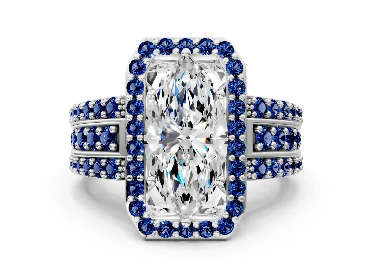 Marquise Cut Halo Diamond Ring with Round Blue Sapphire Split Shank and Prong Setting Silver