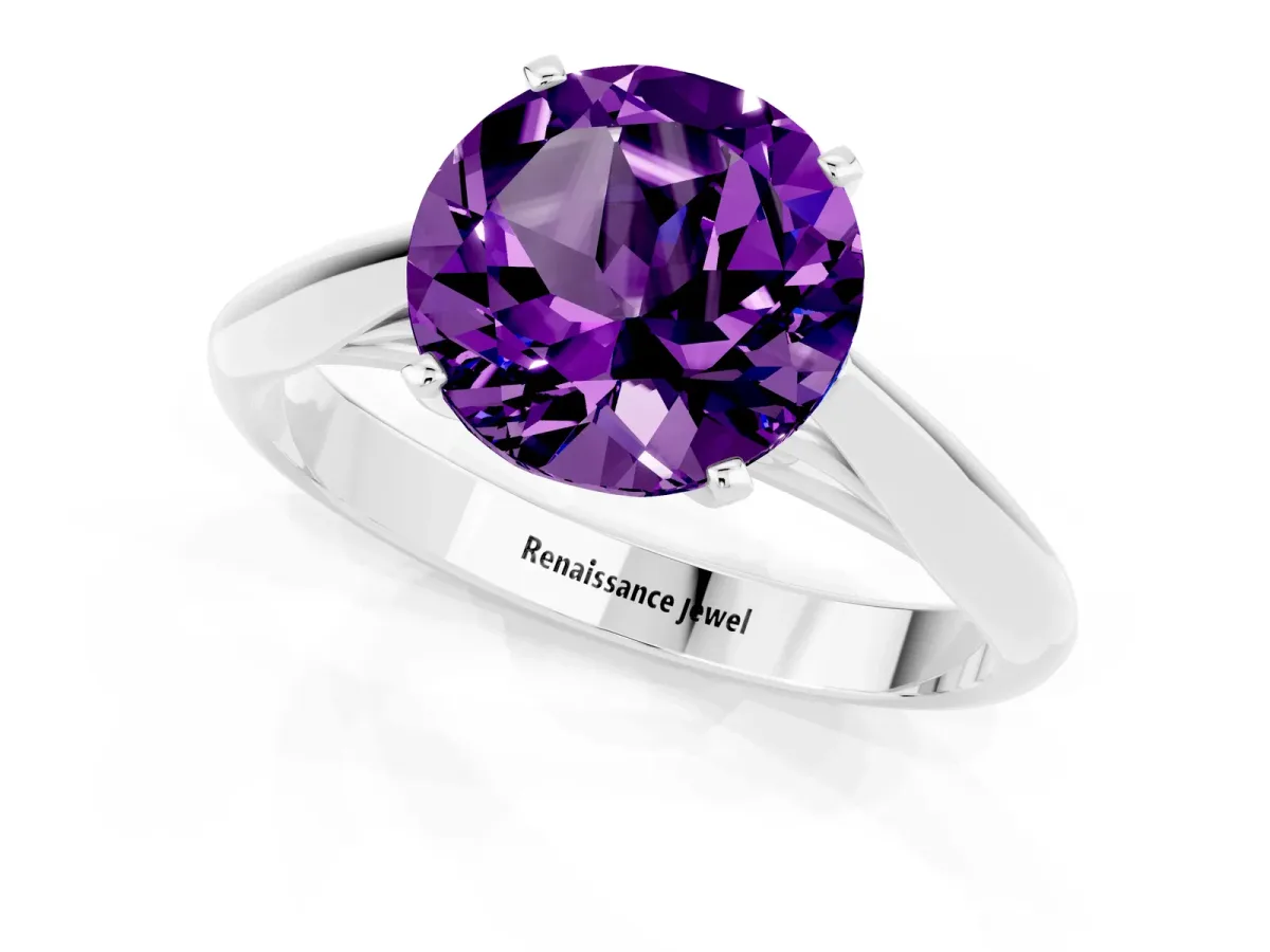 Round Cut Amethyst Solitaire Engagement Ring with Cathedral Setting and Four-Prong Mount White gold