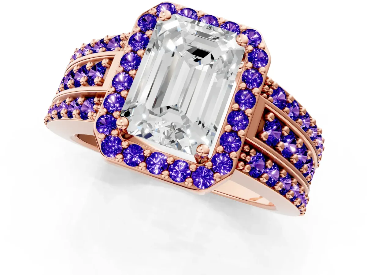 Emerald Cut Halo Diamond Ring with Round Tanzanite Split Shank and Prong Setting Rose gold