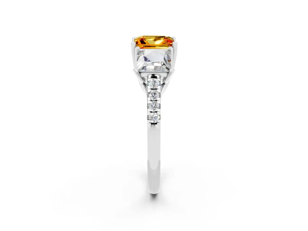 Three-Stone Princess Cut Citrine Ring with Round Pavé Band and Prong Setting Silver