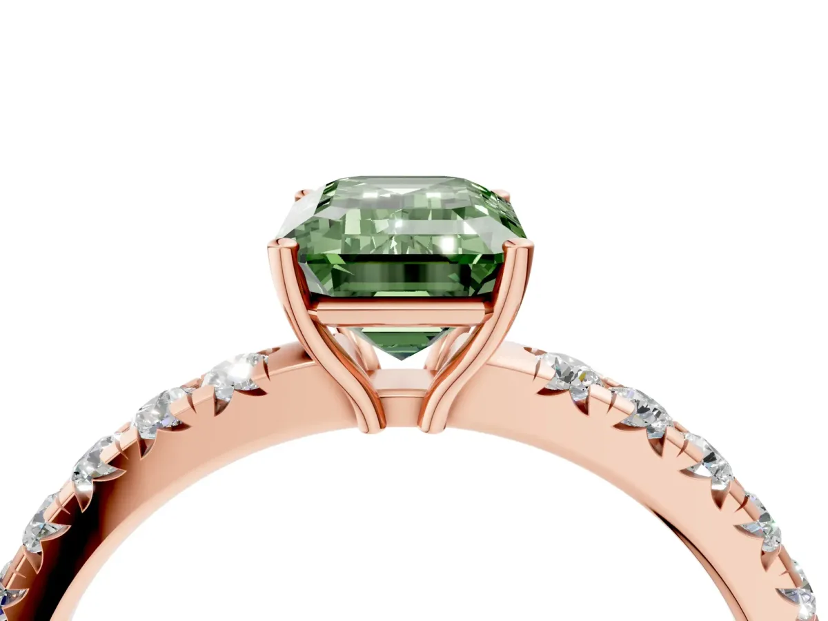 Fancy Green Emerald Cut Diamond Pavé Solitaire Engagement Ring with Four-Prong Setting Rose gold
