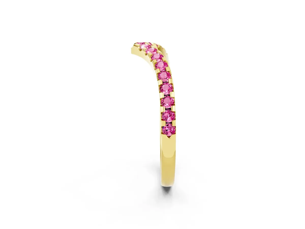 Pavé Round Pink Sapphire Chevron Band with Shared Prong Setting Yellow gold