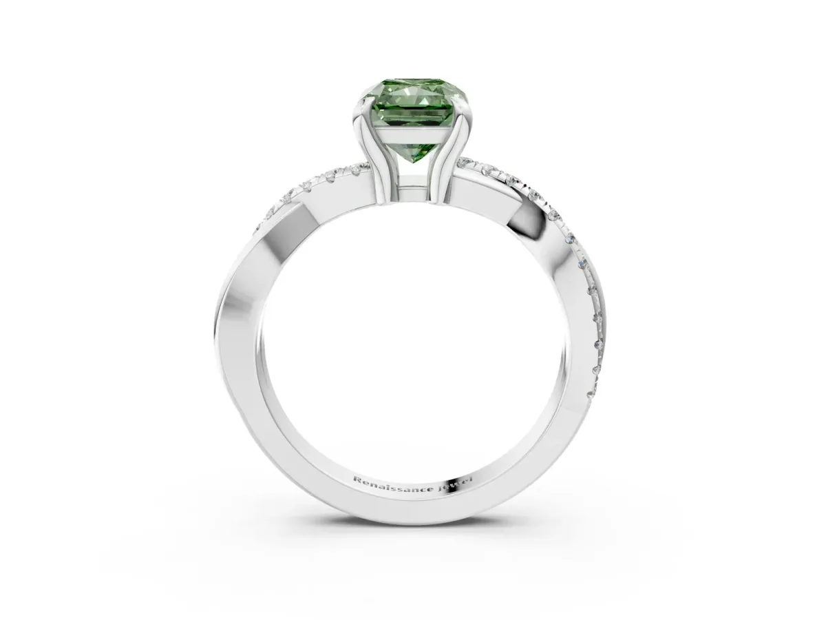 Fancy Green Radiant Cut Cut Twist Band Solitaire Diamond Ring with Pavé Setting Platinum