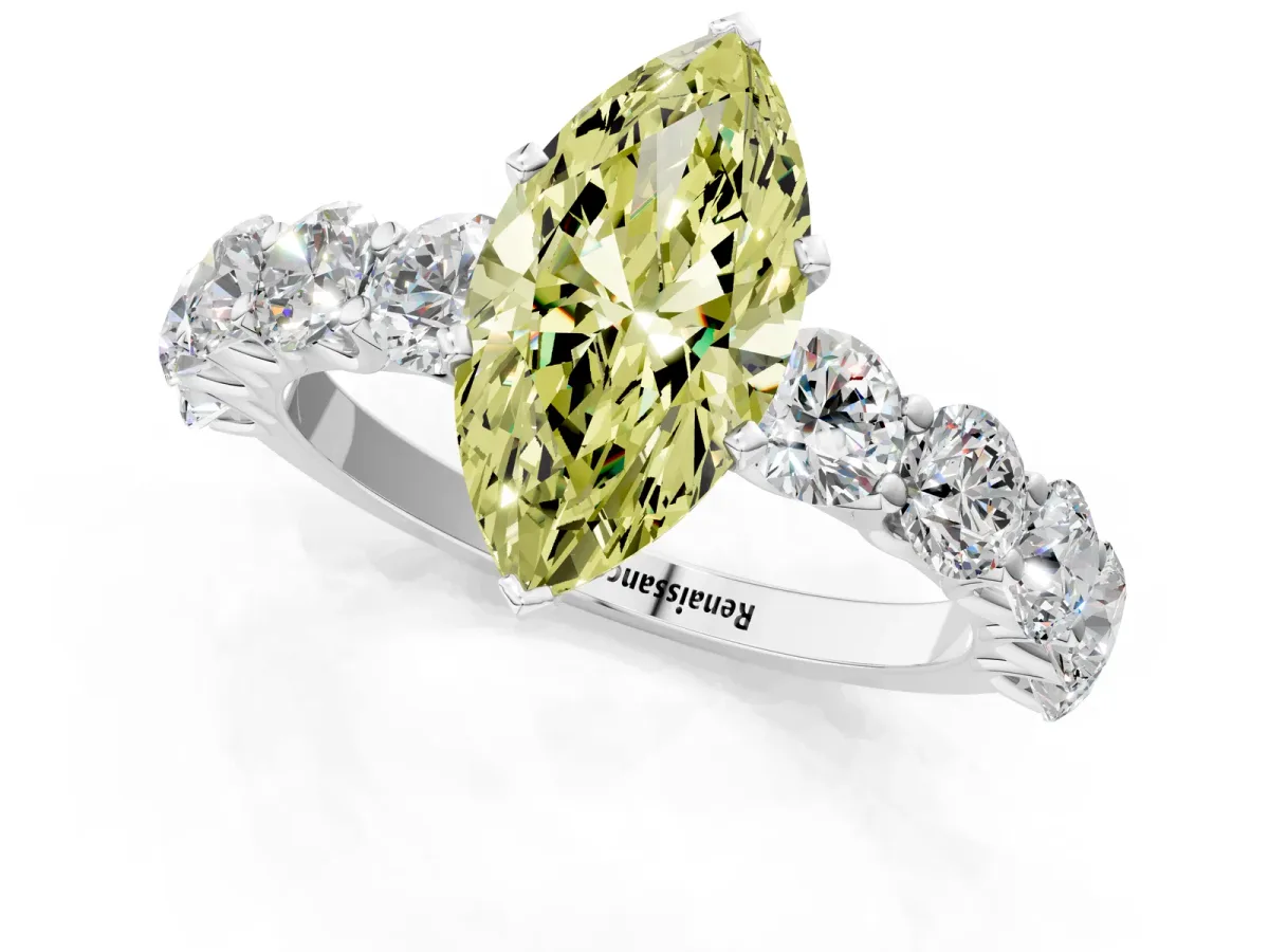 Fancy Yellow Marquise Cut Diamond Prong Setting with Side Stones on a Pave Band Silver