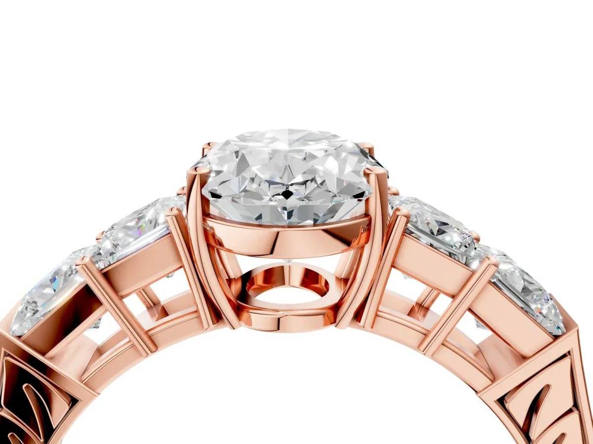 Oval Cut Solitaire Princess Side Stone Engraved Band Prong Setting Ring Rose gold