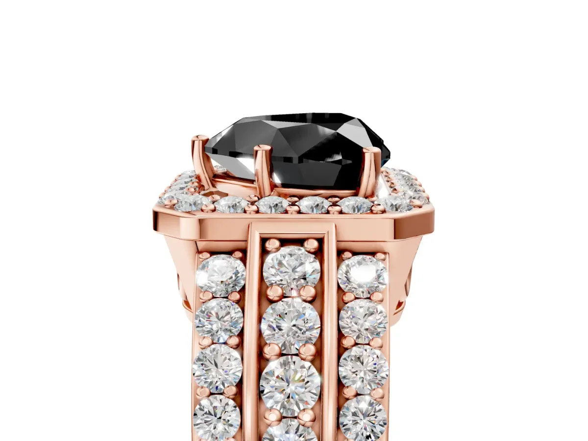 Fancy Black Heart Cut Halo Diamond Ring with Round Split Shank and Prong Setting Rose gold