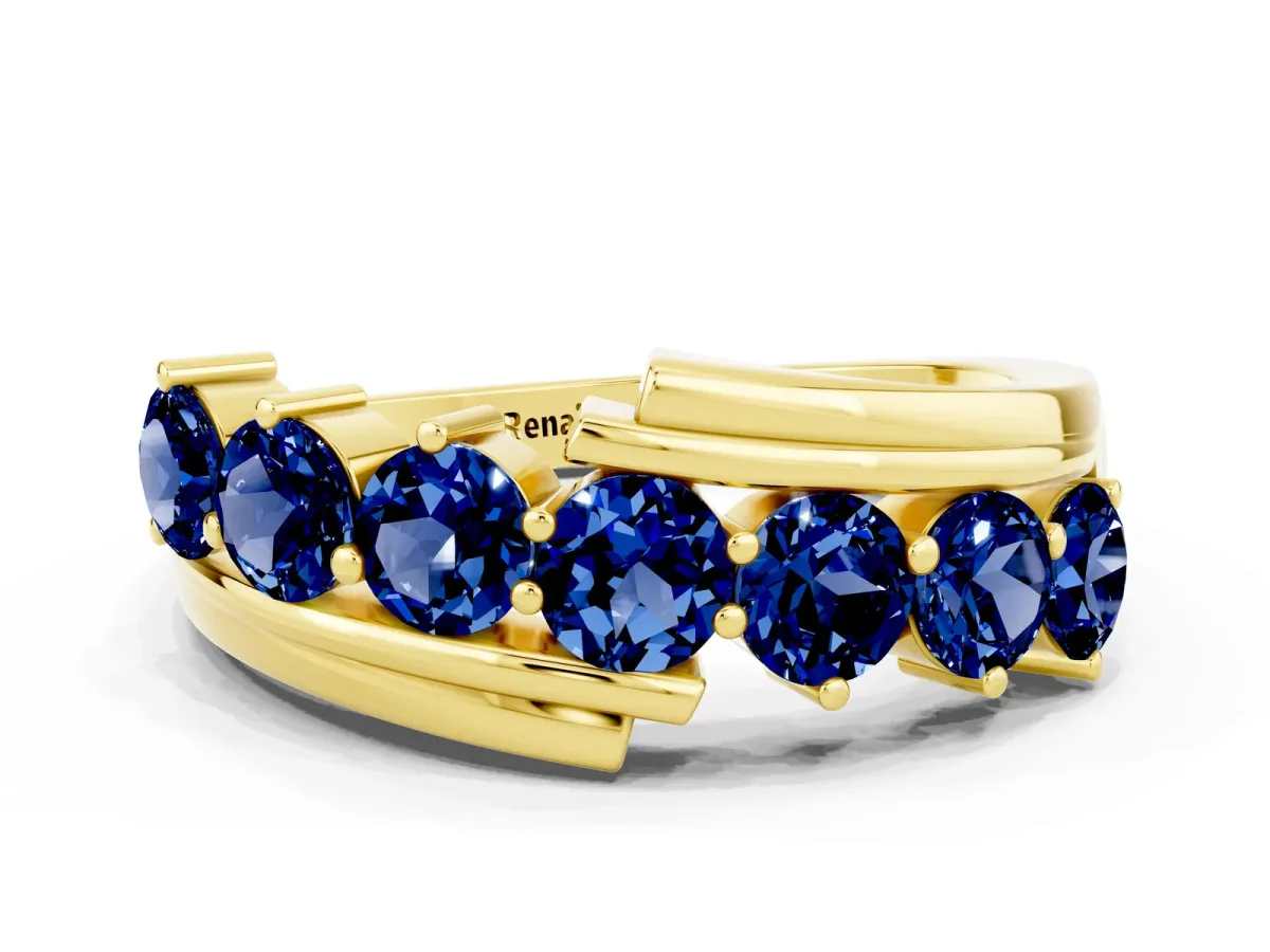 Round Blue Sapphire Wave Band with Channel and Shared Prong Setting Yellow gold