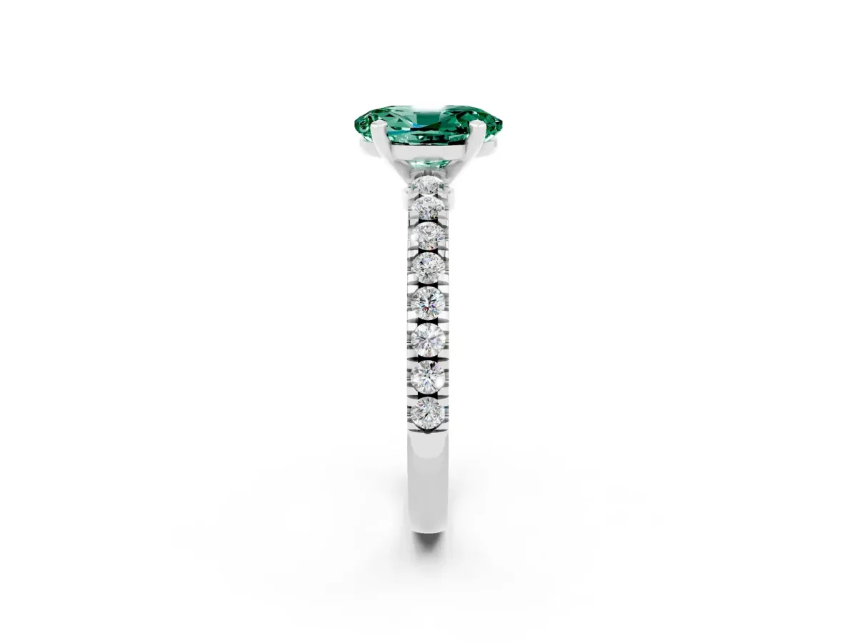 Oval Cut Solitaire Green Sapphire with Pavé Band and Four-Prong Setting Silver
