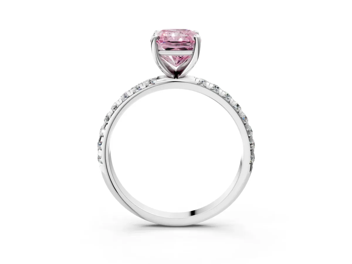 Fancy Pink Radiant Cut Cut Diamond Solitaire Ring with Micro Pave Band and Four Prong Setting Platinum