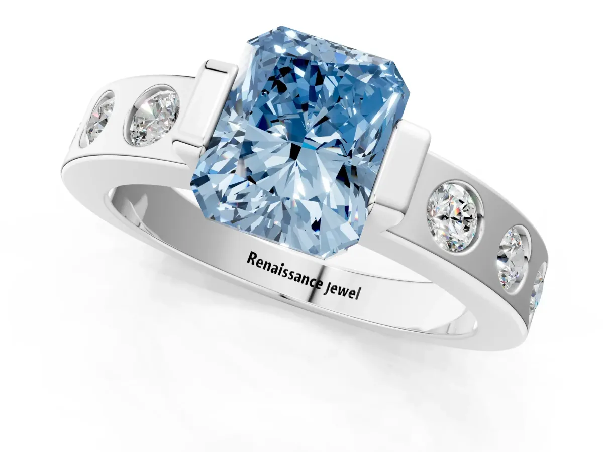 Fancy Blue Radiant Cut Brilliant Channel-Set Diamond Ring with Bezel Prong Setting Platinum