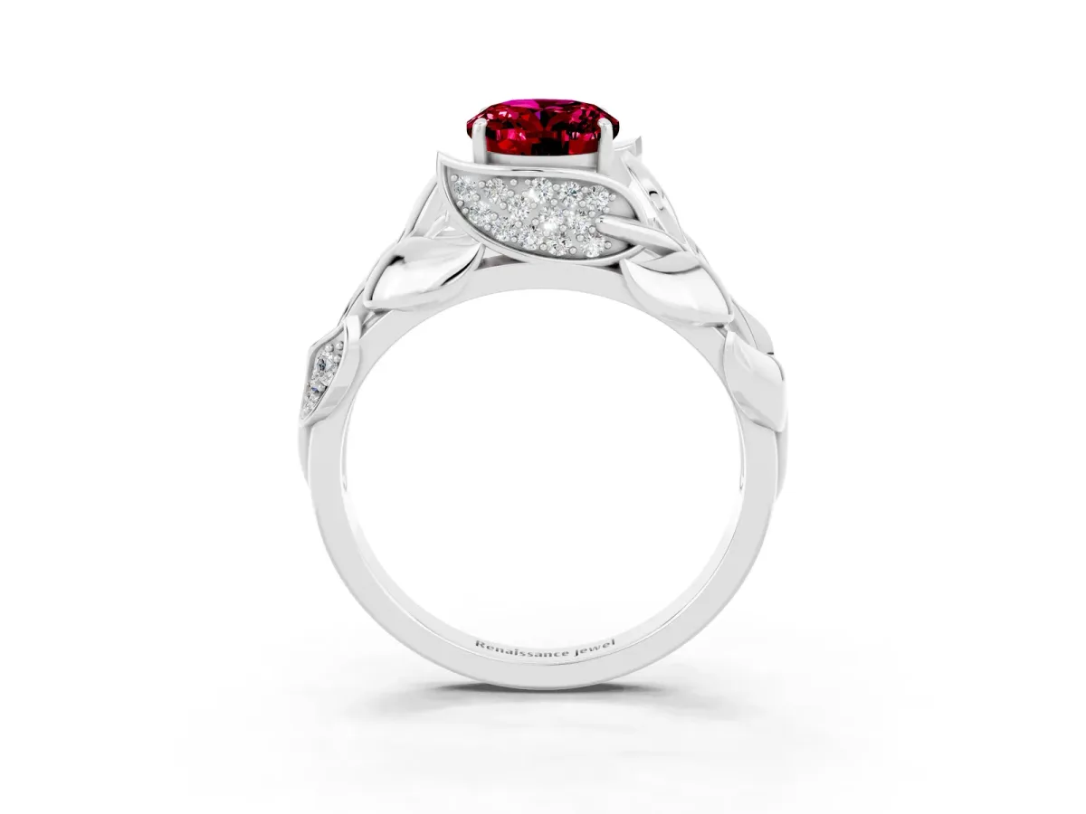Oval Cut Garnet Leaf-Inspired Engagement Ring with Round Accents and Prong Setting Platinum