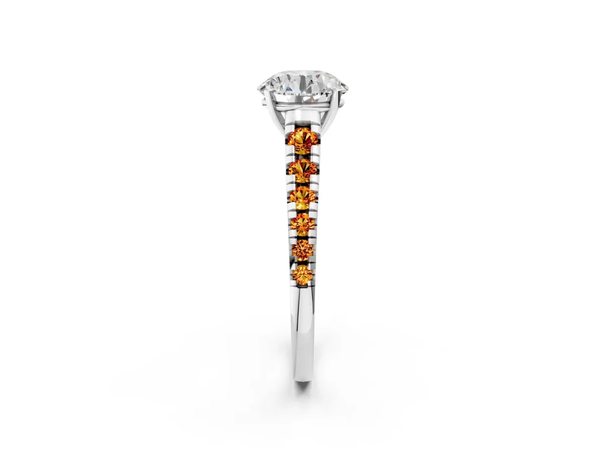 Round Cut Diamond Cathedral Solitaire Ring with Round Citrine Pavé Band Silver