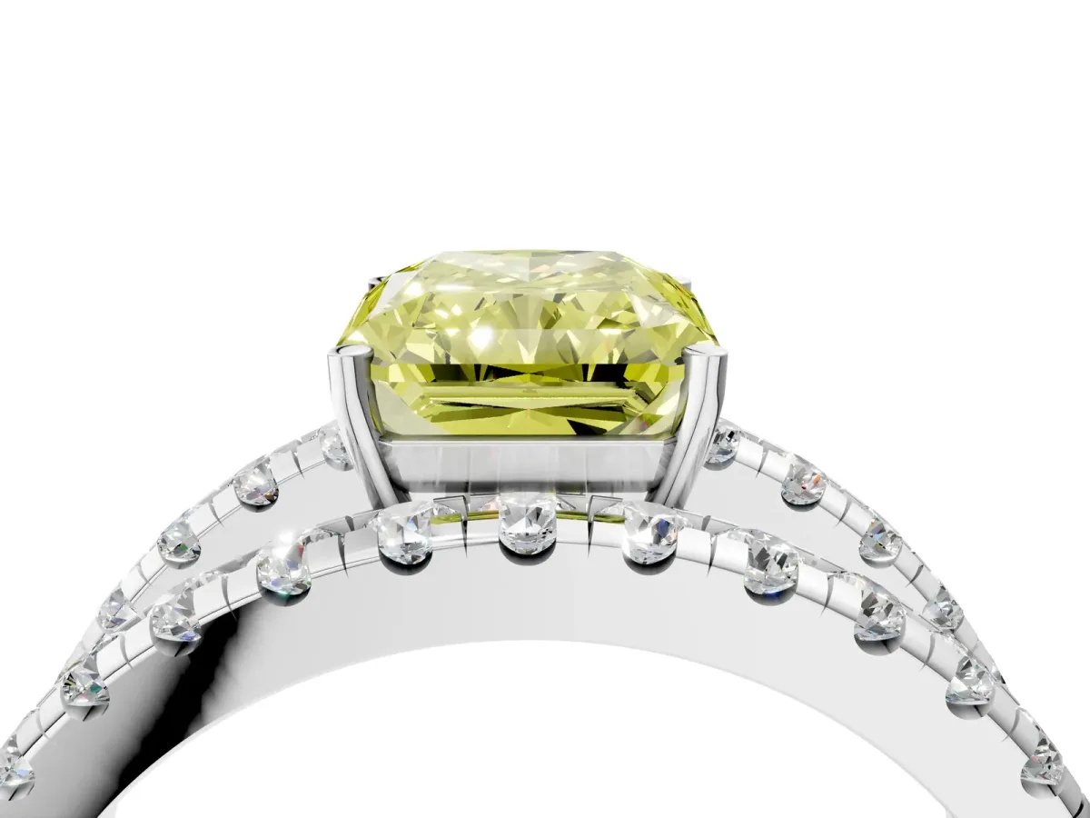 Fancy Yellow Radiant Cut Solitaire Split Shank Pave Diamond Ring Platinum