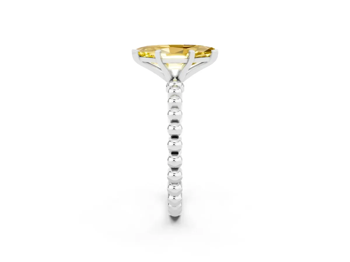 Marquise Cut Yellow Sapphire Solitaire Ring with Beaded Band and Prong Setting Silver