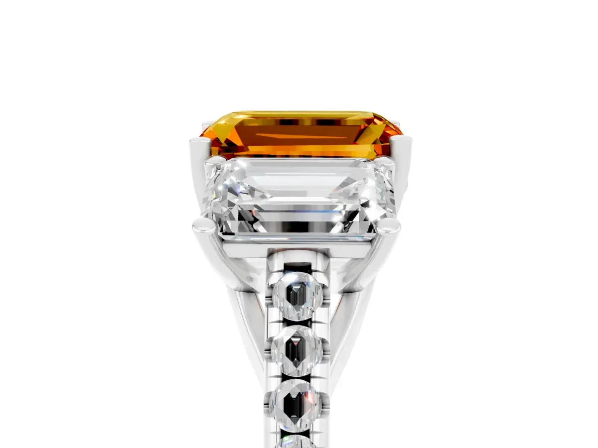 Three-Stone Emerald Cut Citrine Ring with Round Pavé Band and Prong Setting Silver