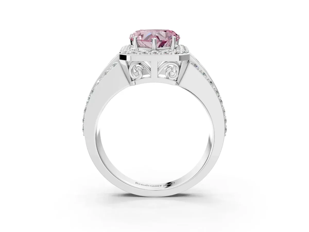 Fancy Pink Heart Cut Halo Diamond Ring with Round Split Shank and Prong Setting Platinum