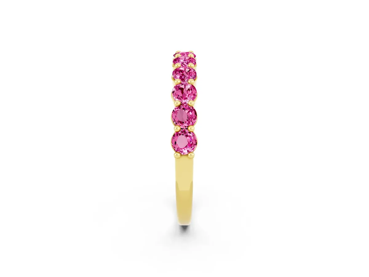 Round Pink Sapphire Half Eternity Band with Prong Setting Yellow gold