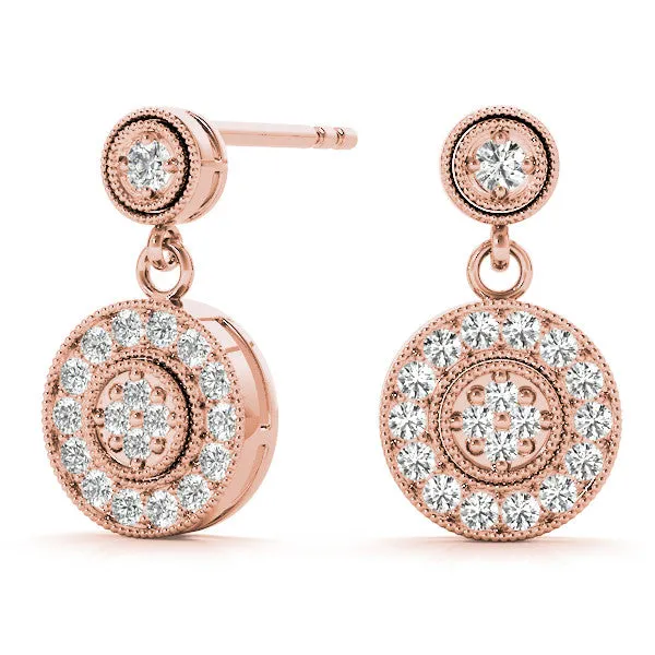 Round Halo Diamond Drop Earrings with Milgrain Bezel Setting Rose gold