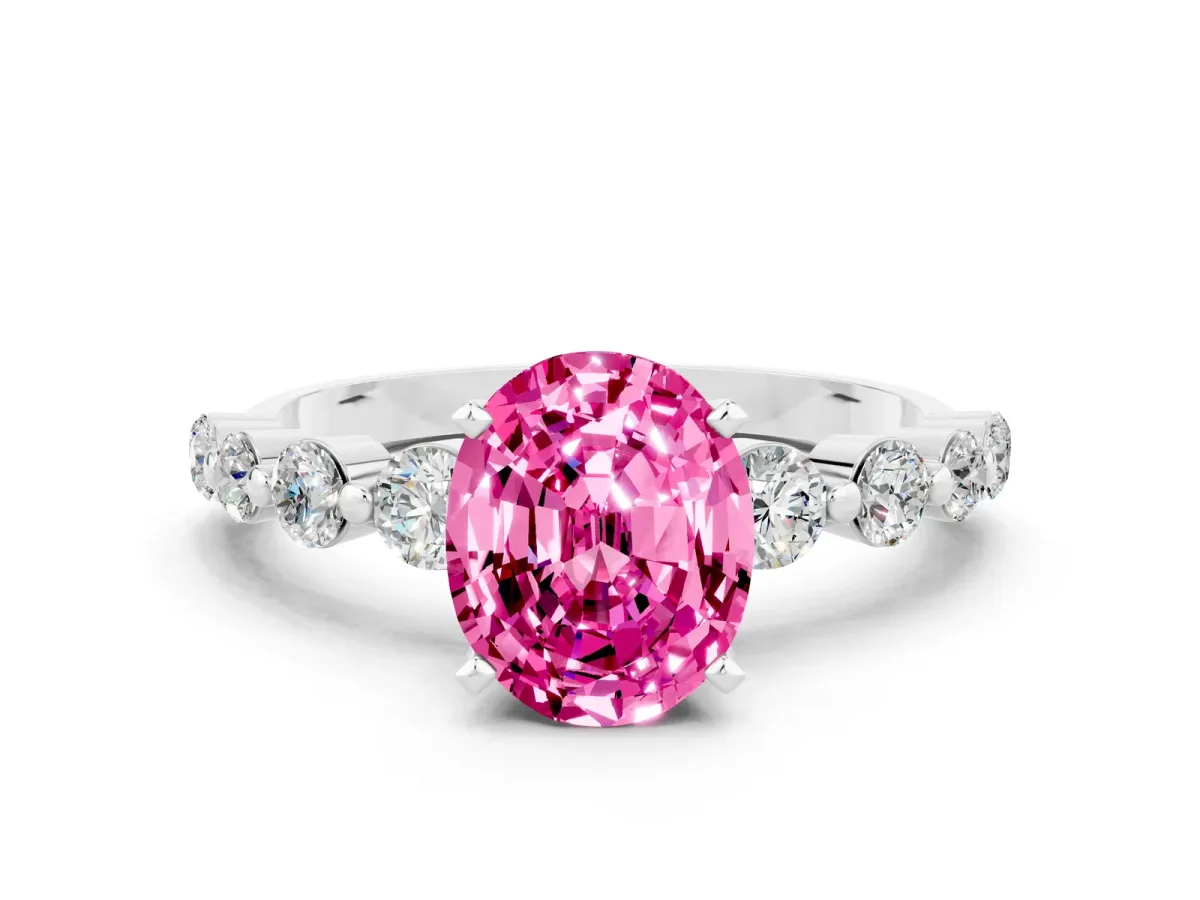 Oval Cut Solitaire Pink Sapphire Ring with Pave Band and Four-Prong Setting Silver