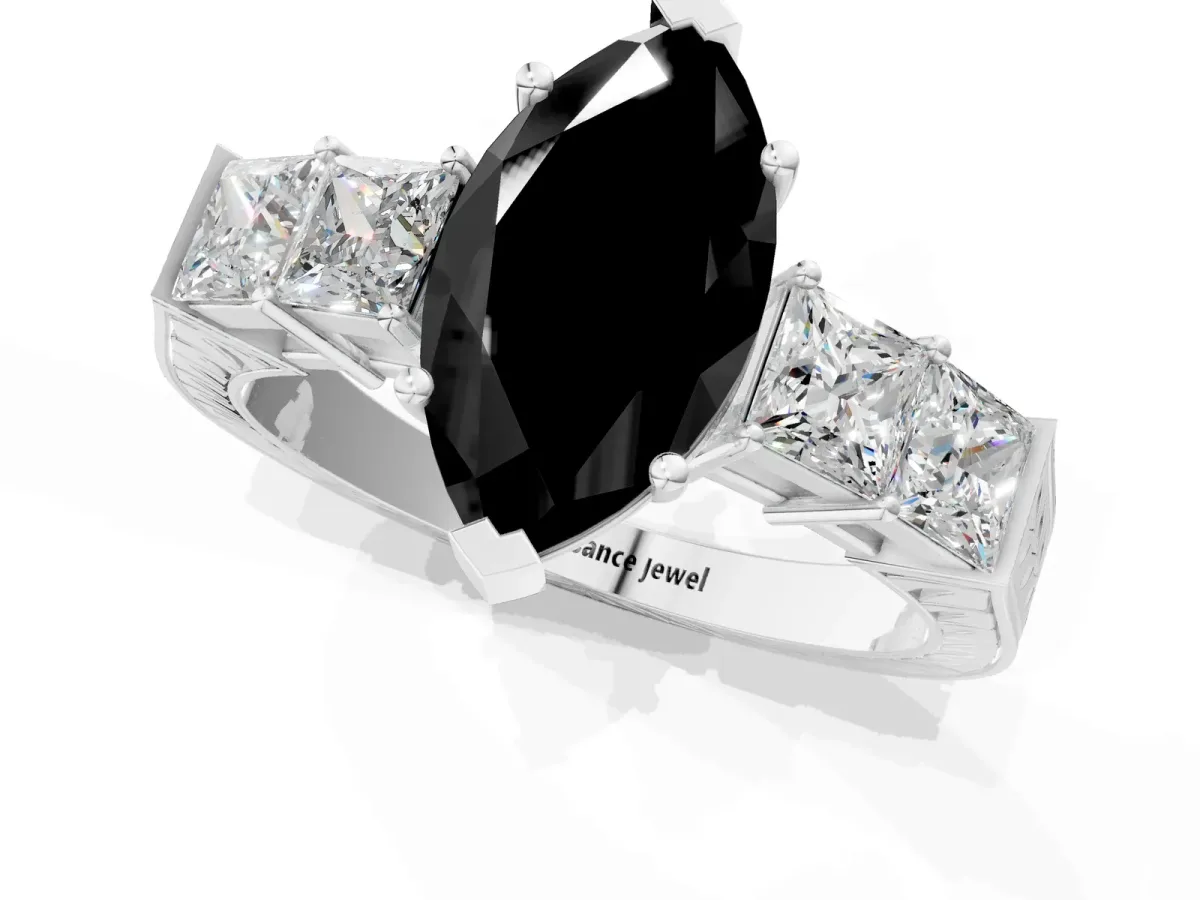 Fancy Black Marquise Cut Solitaire Princess Side Stone Engraved Band Prong Setting Ring Platinum