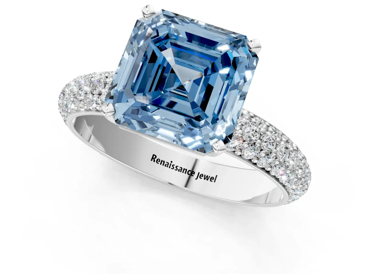 Fancy Blue Asscher Cut Diamond Solitaire Ring with Prong Setting and Pavé Band Platinum