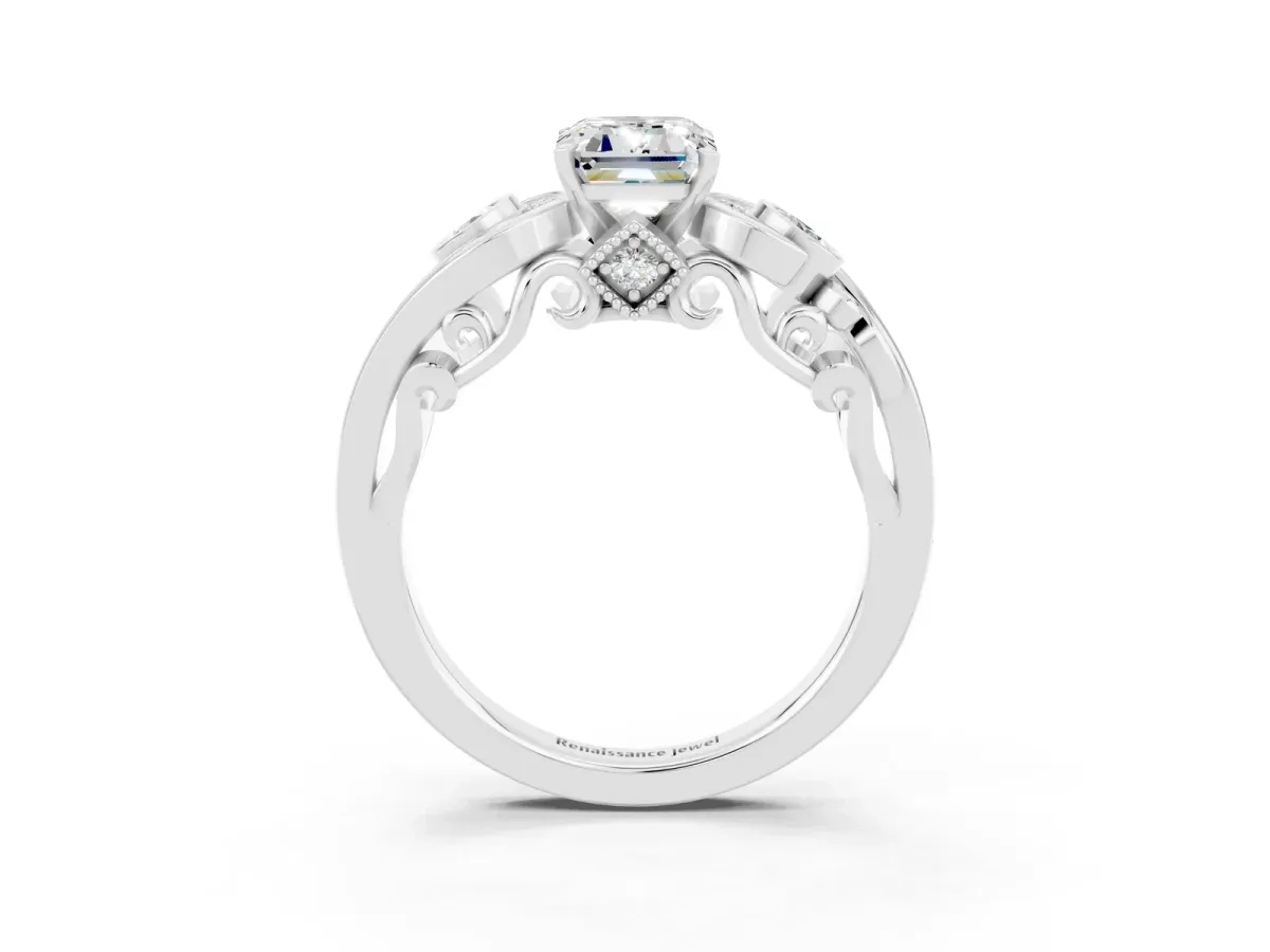 Emerald Cut Moissanite Solitaire Ring with Milgrain Pavé Band and Four-Prong Setting Silver