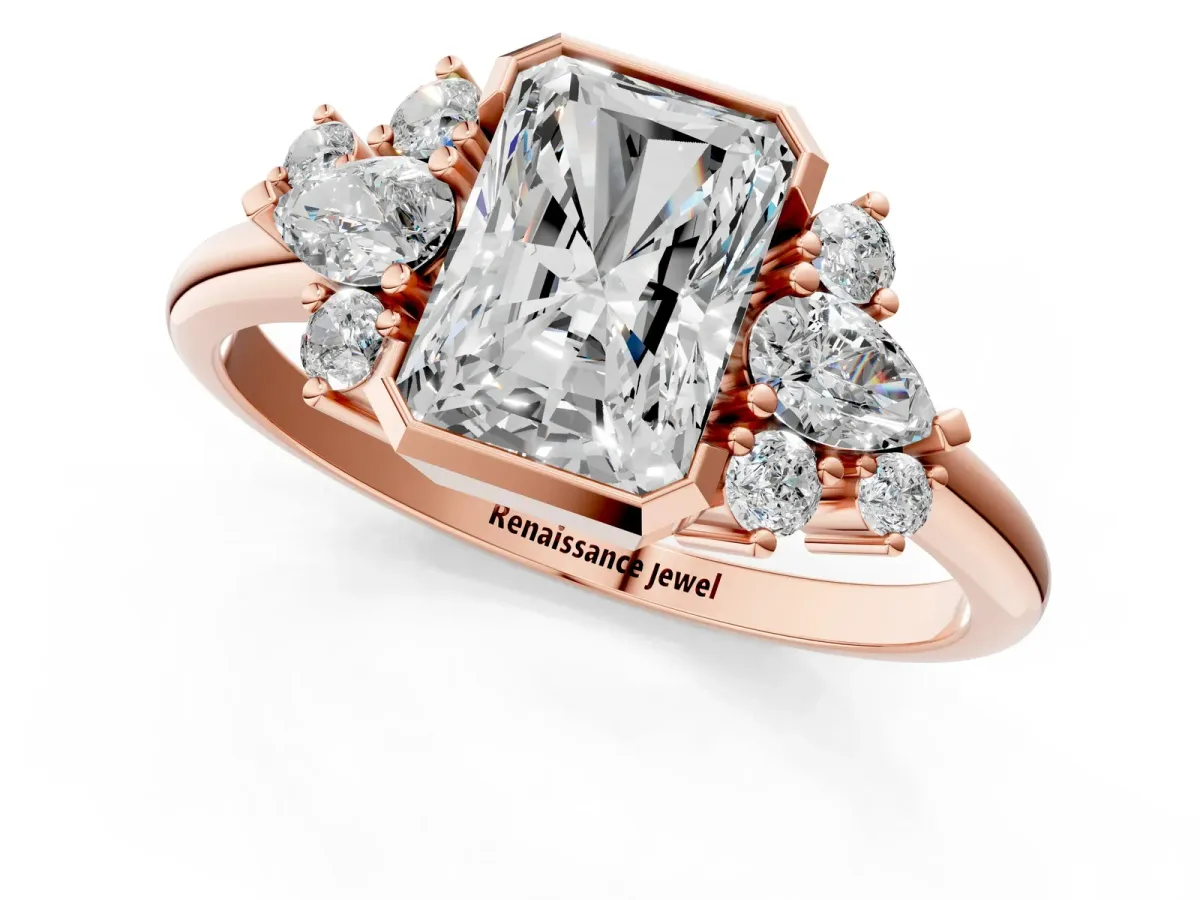 Radiant Diamond Engagement Ring with Pear and Round Side Stones Rose gold