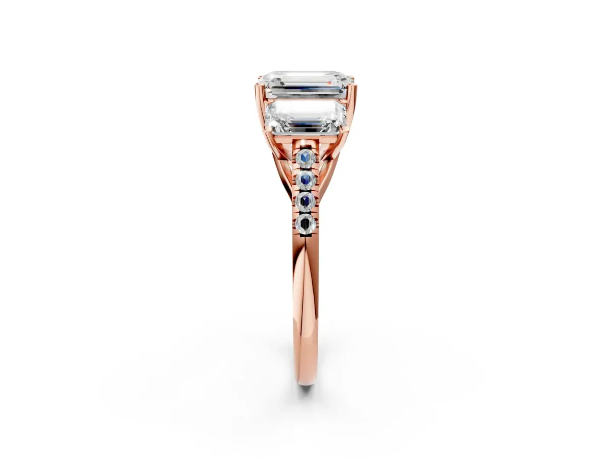 Three-Stone Emerald Cut Diamond Ring with Round Pavé Band and Prong Setting Rose gold