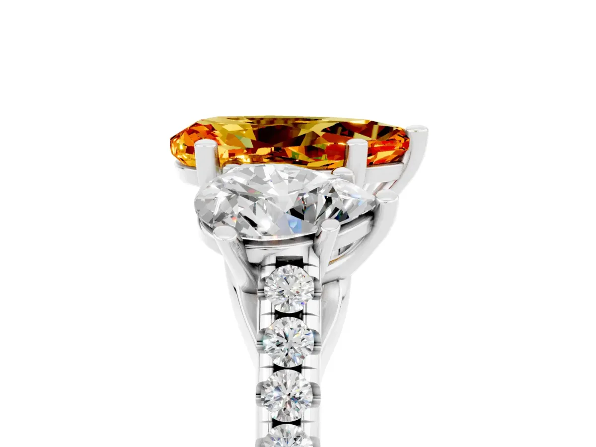 Three-Stone Pear Cut Citrine Ring with Round Pavé Band and Prong Setting Platinum