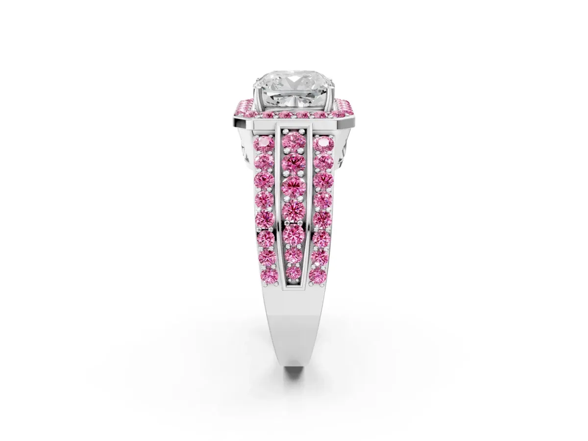 Cushion Cut Halo Diamond Ring with Round Pink Sapphire Split Shank and Prong Setting Silver