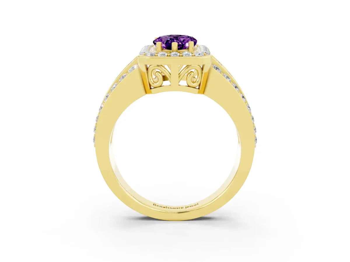 Pear Cut Halo Amethyst Ring with Round Split Shank and Prong Setting Yellow gold