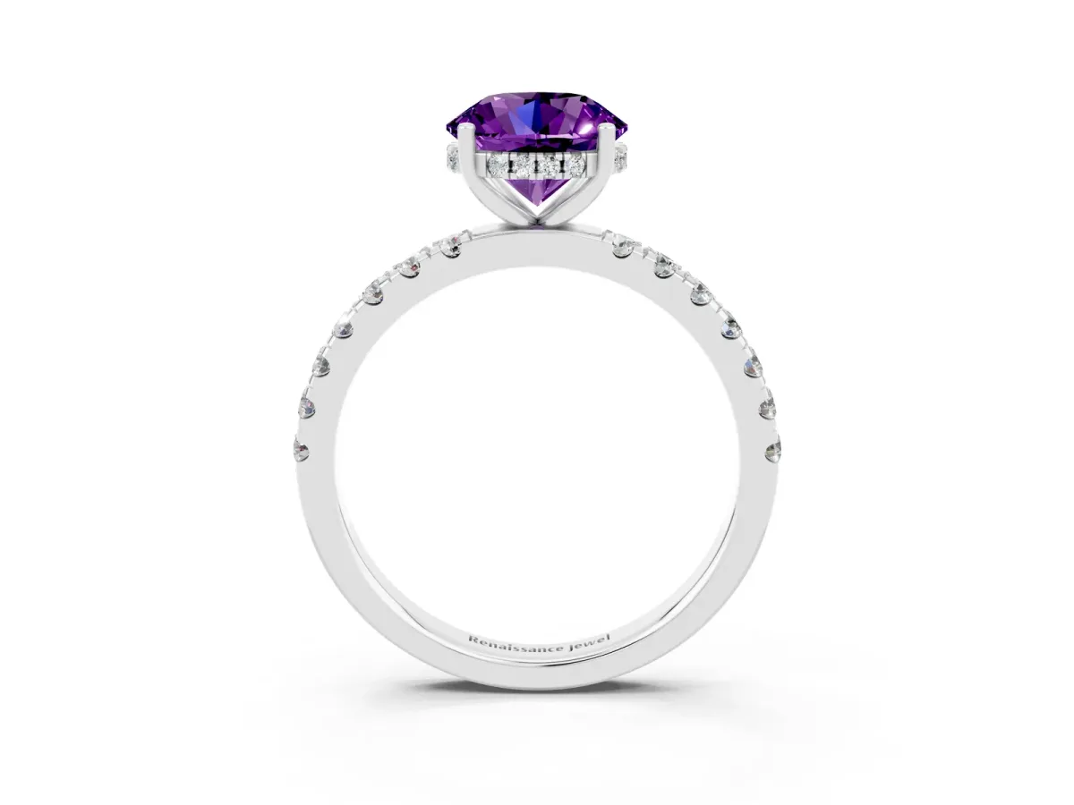 Round Cut Amethyst Pave Band Solitaire Ring with Round and Prong Setting Silver