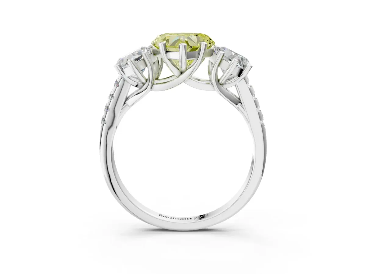 Fancy Yellow Three-Stone Heart Cut Diamond Ring with Round Pavé Band and Prong Setting Silver