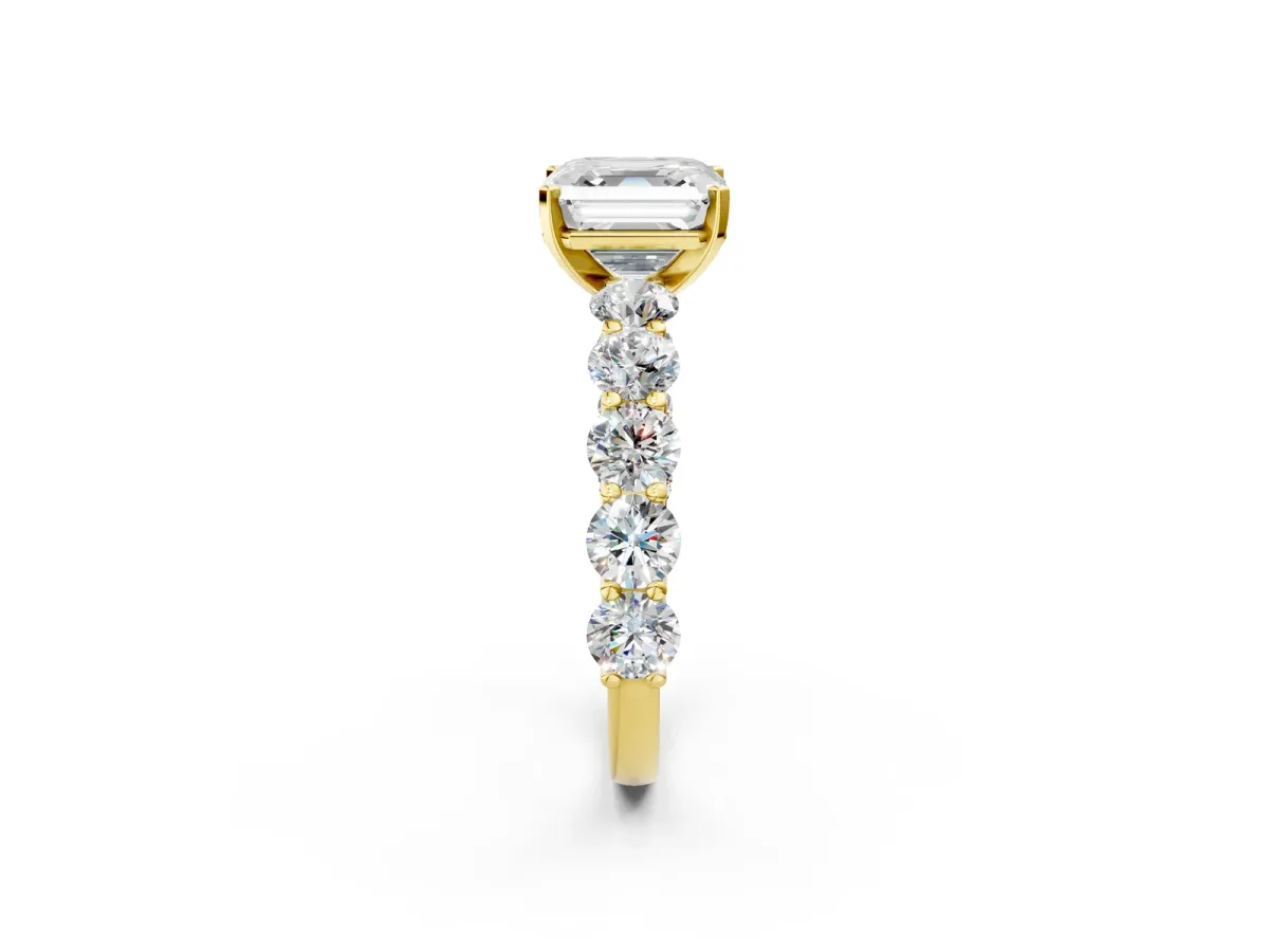 Asscher Cut Diamond Prong Setting with Side Stones on a Pave Band Yellow gold