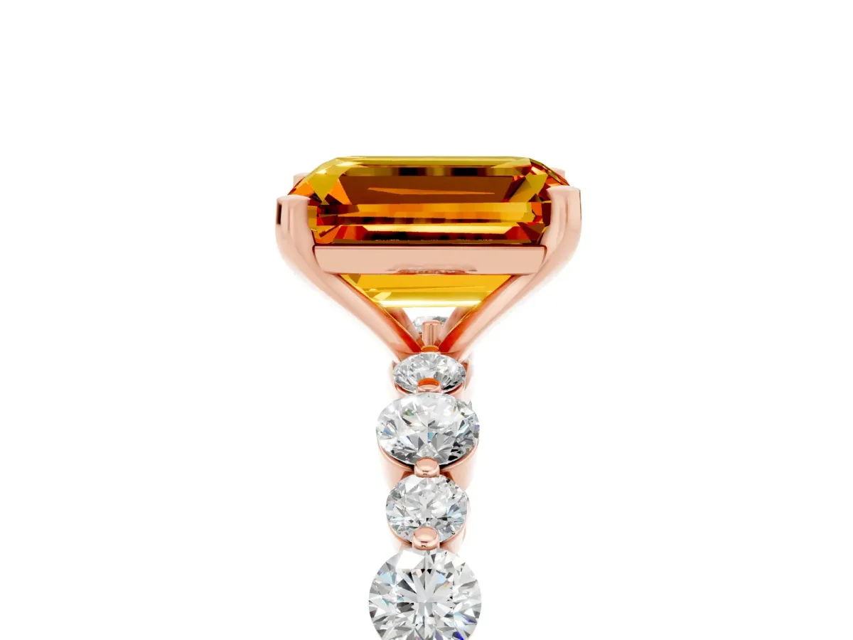 Emerald Cut Citrine Prong Set Engagement Ring with Pavé Band Rose gold