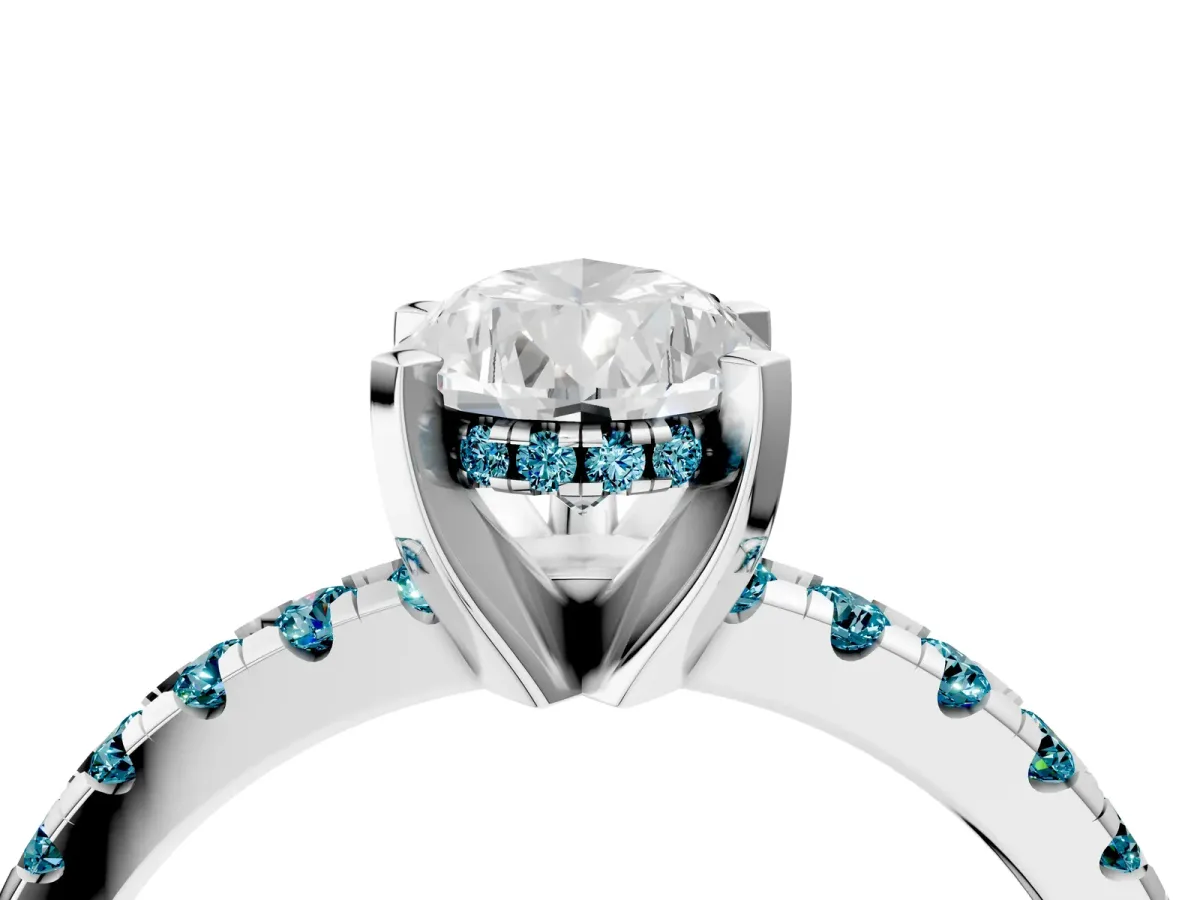 Pear Cut Diamond Solitaire Ring with Round Blue Topaz Pavé Band and Four-Prong Setting Silver