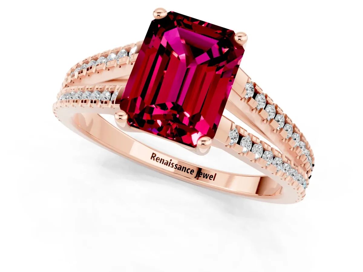 Emerald Cut Garnet Solitaire Engagement Ring with Split Shank Pavé Band Rose gold