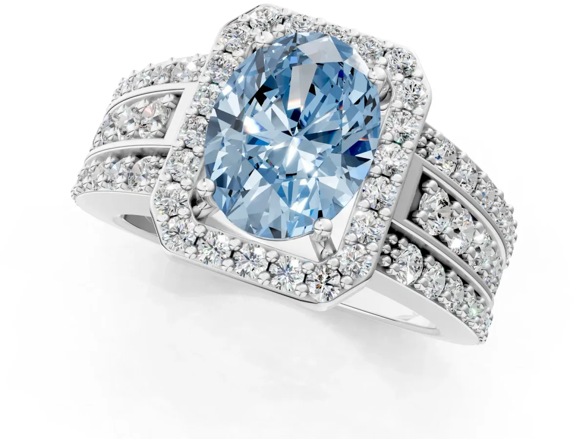 Fancy Blue Oval Cut Halo Diamond Ring with Round Split Shank and Prong Setting Platinum