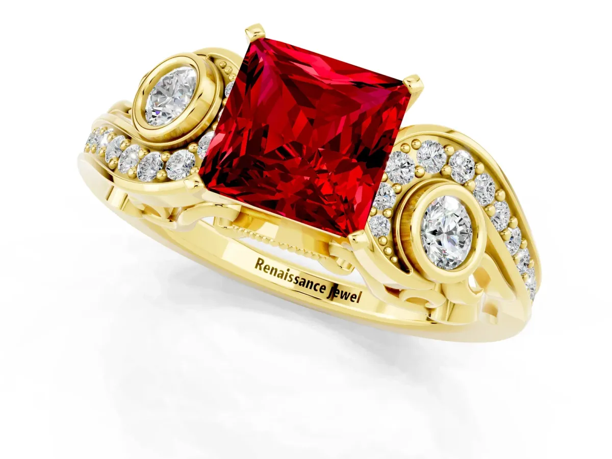 Princess Cut Ruby Solitaire Ring with Milgrain Pavé Band and Four-Prong Setting Yellow gold