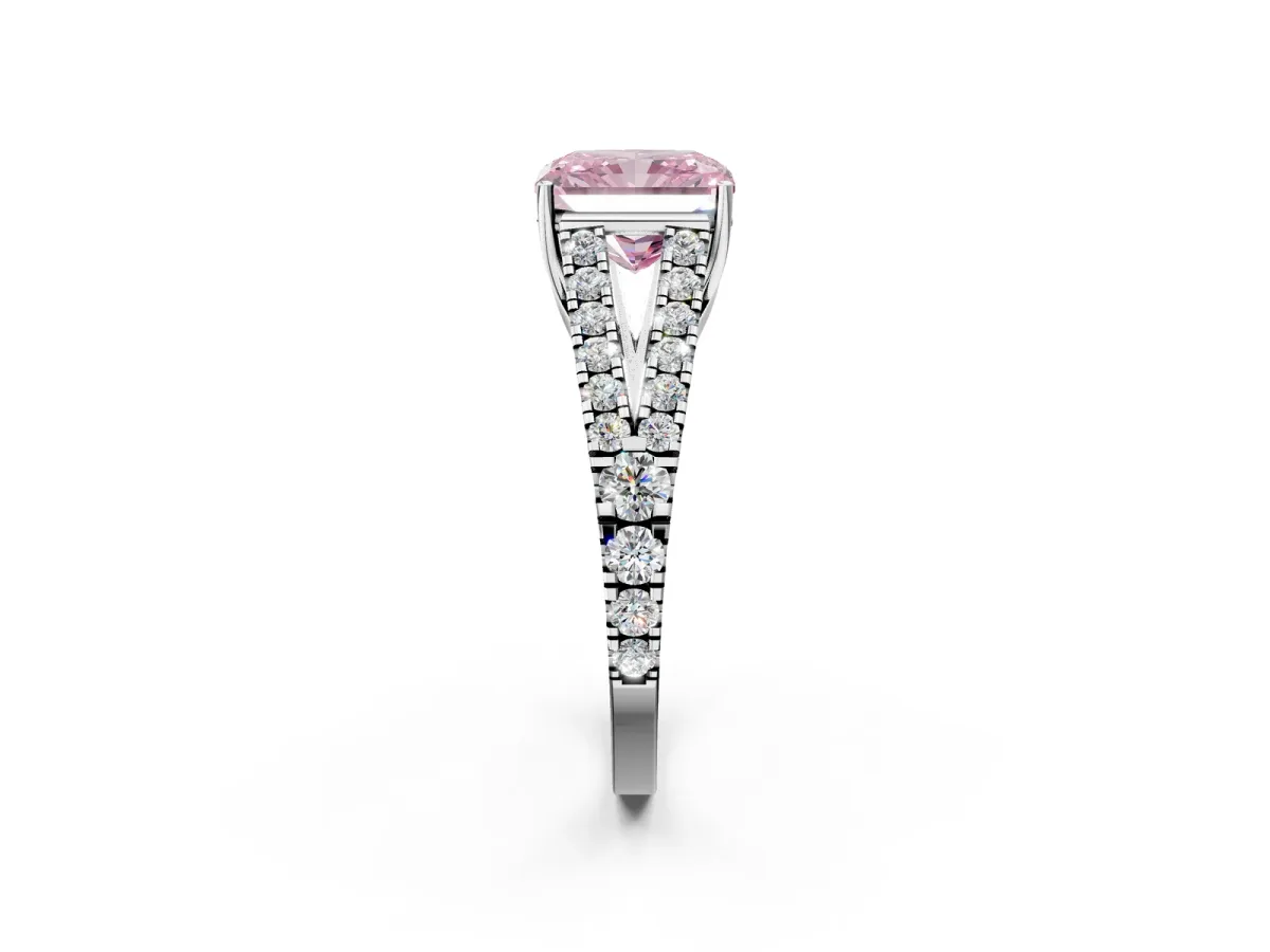 Fancy Pink Radiant Cut Diamond Split Shank Engagement Ring with Round Pavé and Prong Setting Platinum