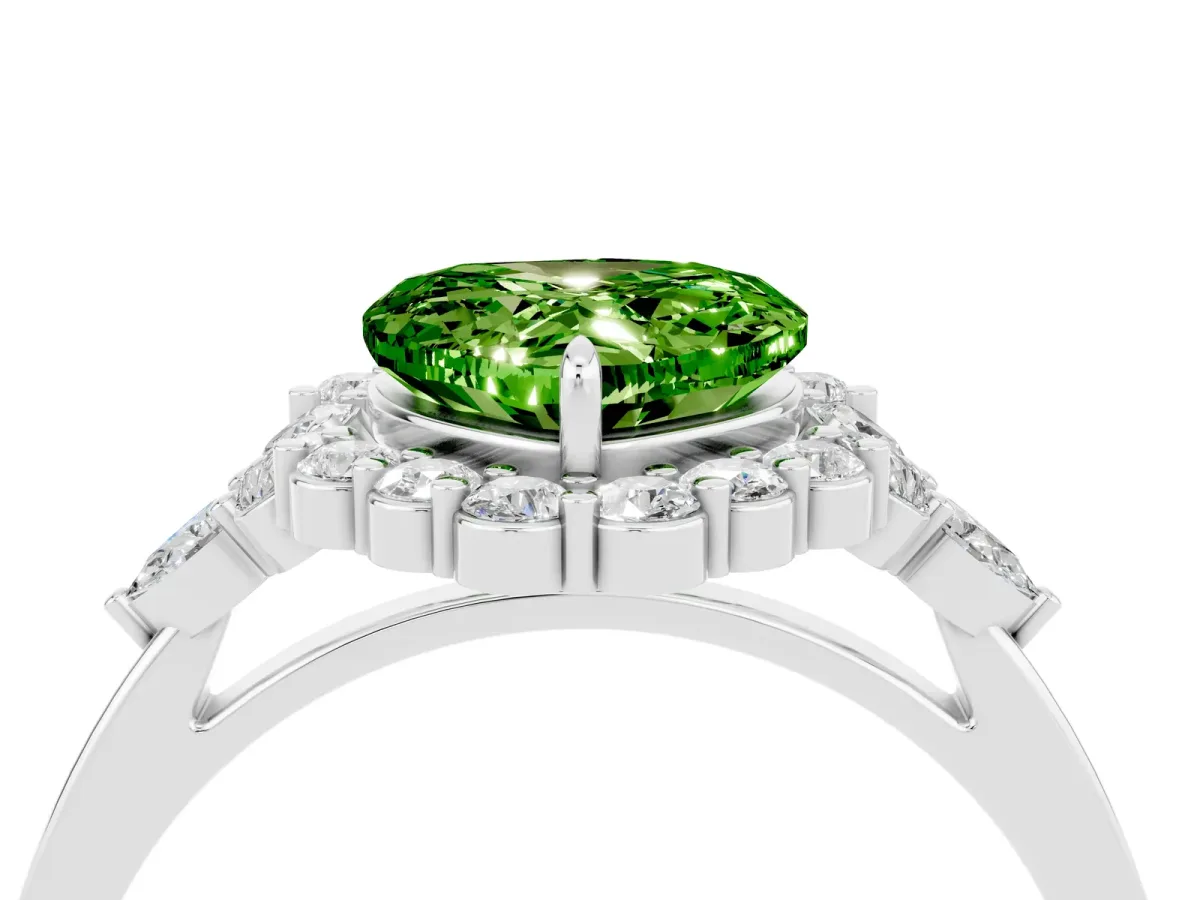 Heart Cut Peridot Halo Ring with Pear Side Stones and Prong Setting Silver