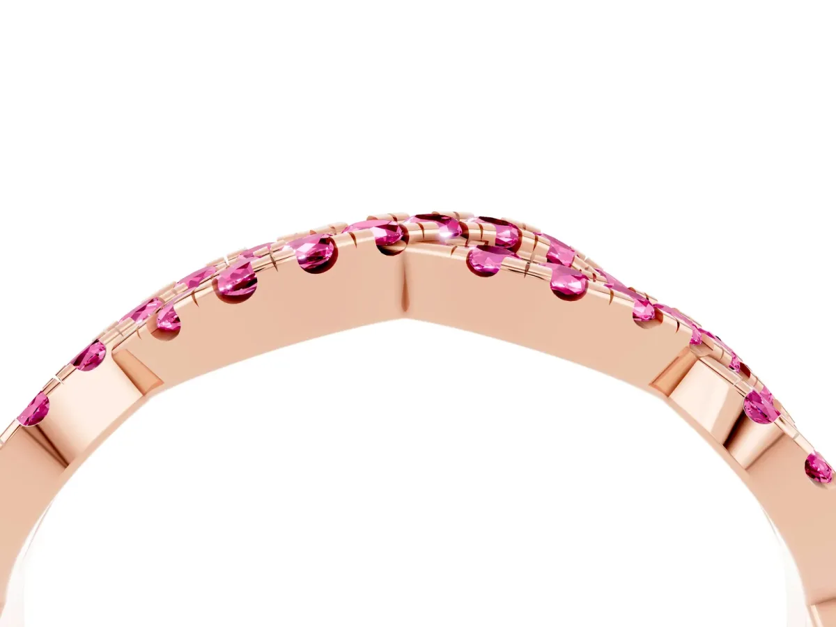 Round Pink Sapphire Twisted Eternity Band with Pavé and Shared Prong Setting Rose gold